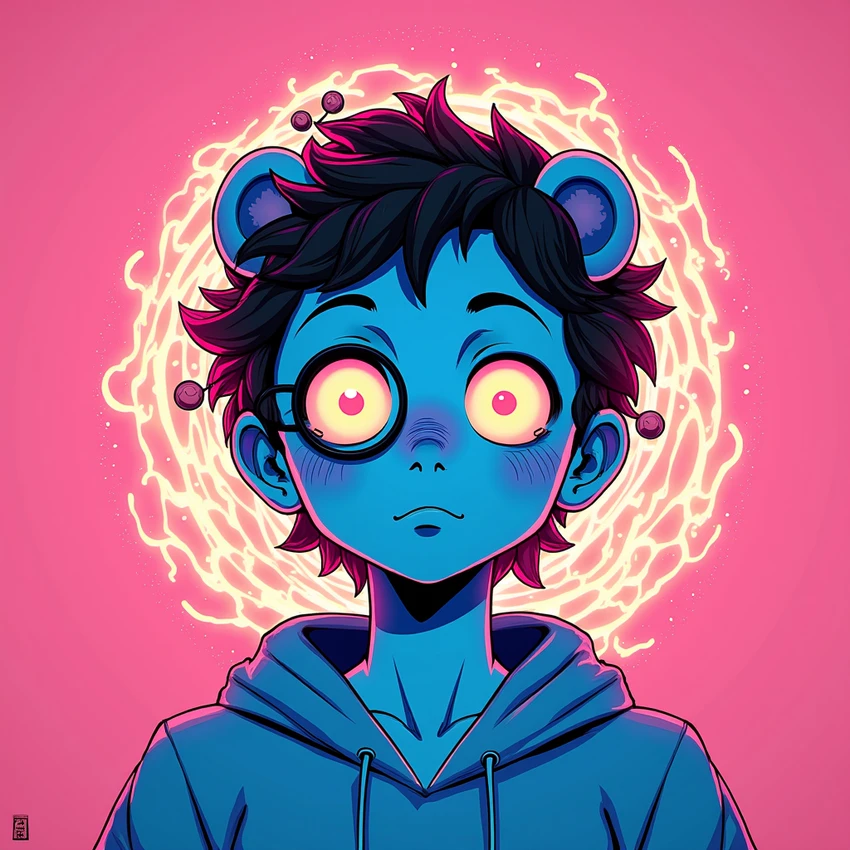 Blue character with glowing eyes